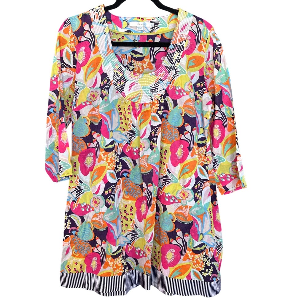 Boden Womens Boho Floral Tunic Mini Dress Multi-Color Scoop Neck 3/4 Sleeve Sz 8